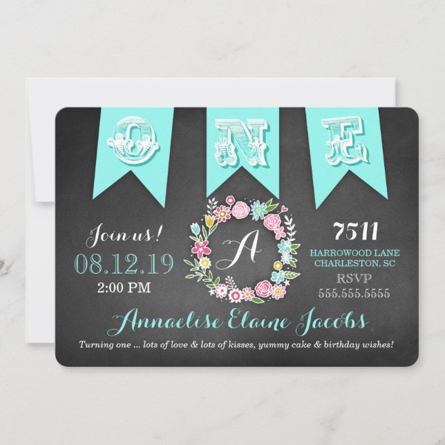 GC Turquoise Girl First Birthday Banner Chalkboard Einladung (Vorderseite)