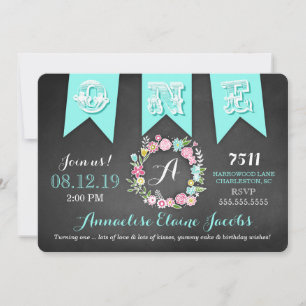 GC Turquoise Girl First Birthday Banner Chalkboard Einladung