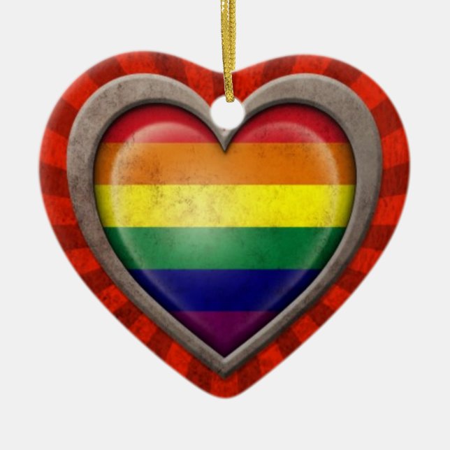 Gealtertes Gay Pride-Regenbogen-Flaggen-Herz mit Keramikornament (Vorne)