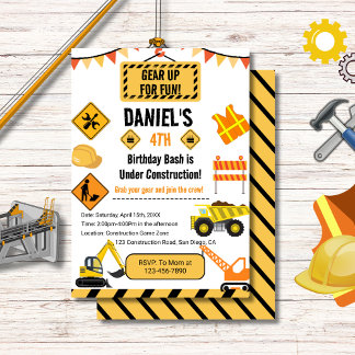 Gear Up Personalisiert Construction Theme Geburtst Einladung