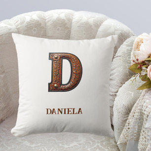 Gearbeitetes westliches Leder Initial-Monogramm D Kissen