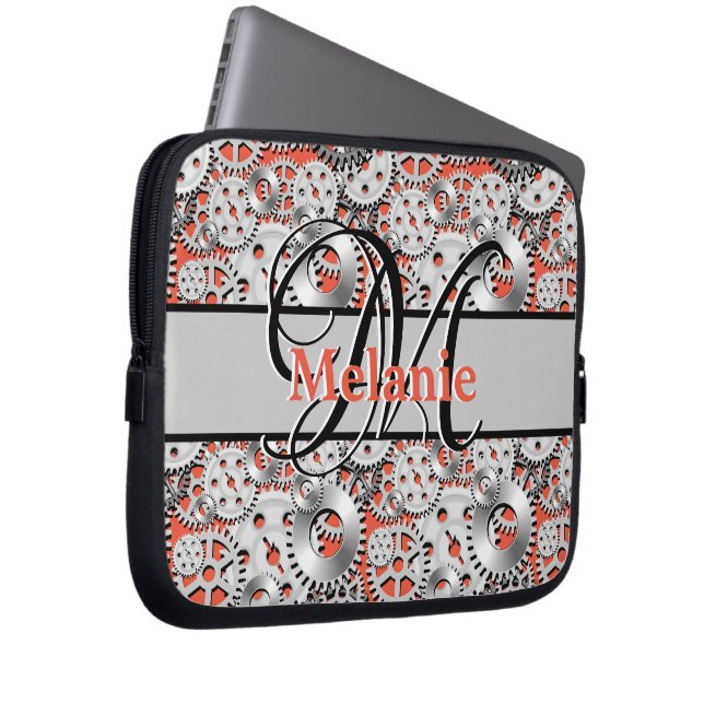Gears Silver Orange Steampunk Mechanik Laptopschutzhülle (Vorne Rechts)