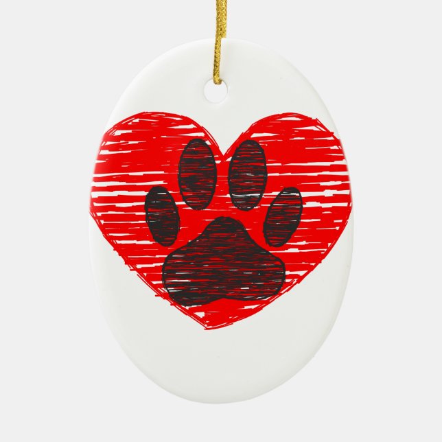 geätzte Hundekuh im roten Herzen Keramik Ornament (Vorne)