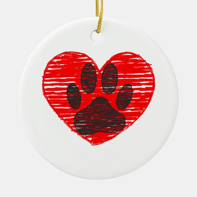 geätzte Hundekuh im roten Herzen Keramikornament (Vorne)