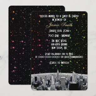 Geätzte NYC-Skyline 2 Regenbogenstern Sweet 16 V Einladung