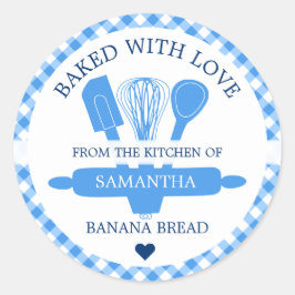 Gebacken mit Liebe Banana Brot Blue Gingham Küche Runder Aufkleber