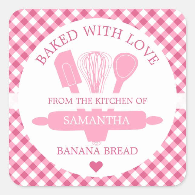Gebacken mit Liebe Banana Brot Rosa Gingham Küche Quadratischer Aufkleber (Vorderseite)