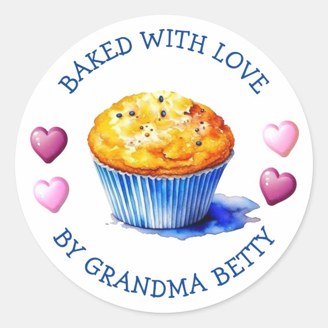 Gebacken mit Liebe, handgefertigte Blueberry Muffi Runder Aufkleber (Vorderseite)
