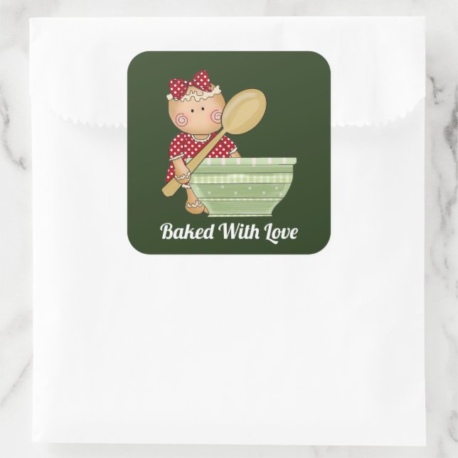 Gebacken mit Liebe hinzufügen Nachricht Backginger Quadratischer Aufkleber (Tasche)
