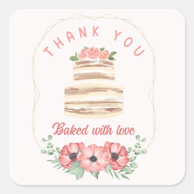 Gebacken mit Liebe Hochzeitskuchen Quadratischer Aufkleber (Vorderseite)
