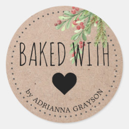 Gebacken mit Liebe Kraft Papier Herz Winter Grün Runder Aufkleber