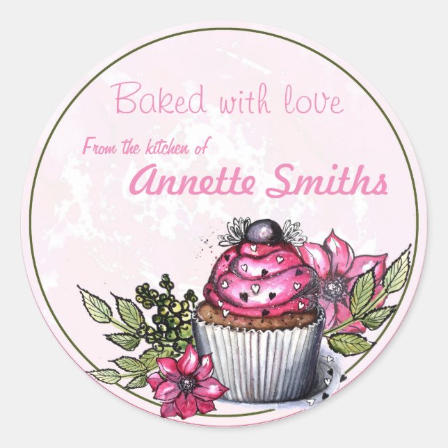 gebacken mit Liebe/Kuchen/Personalisiert Runder Aufkleber (Vorderseite)