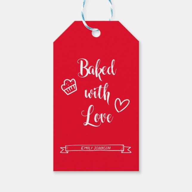 Gebacken mit Liebe Personalisierter Name Rot & Wei Geschenkanhänger (Vorderseite)