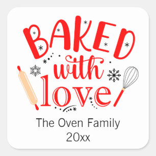 Gebacken mit Liebe Red Holiday Modern Quadratischer Aufkleber