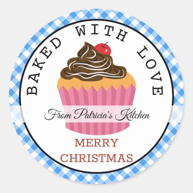 Gebacken mit Liebe Weihnachten Cupcakes Blue Gingh Runder Aufkleber (Vorderseite)