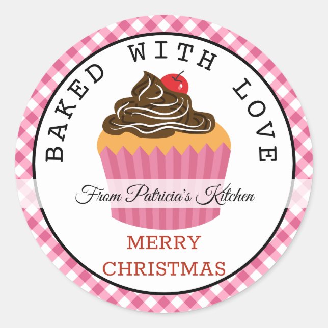 Gebacken mit Liebe Weihnachten Cupcakes Pink Gingh Runder Aufkleber (Vorderseite)