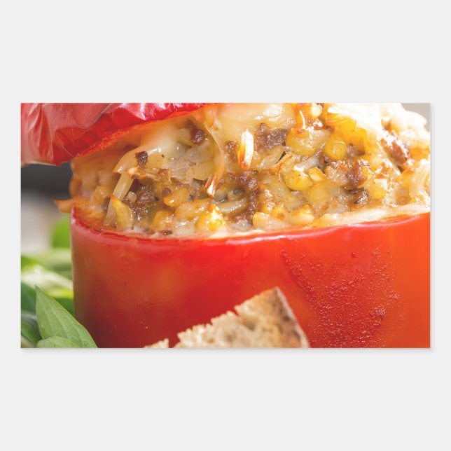 Gebackene Paprikaschoten mit Fleischsoße und Käse Rechteckiger Aufkleber (Vorderseite)