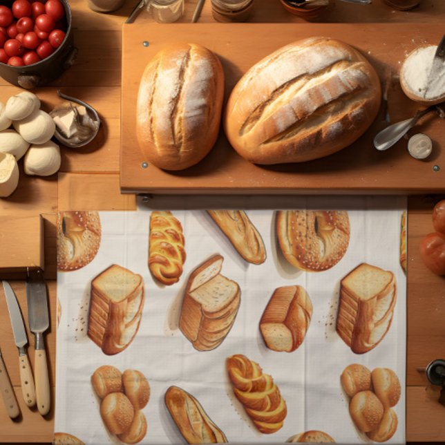 Gebackenes Brot Geschirrtuch (A tea towel with bread theme lies on top of a kitchen counter.)
