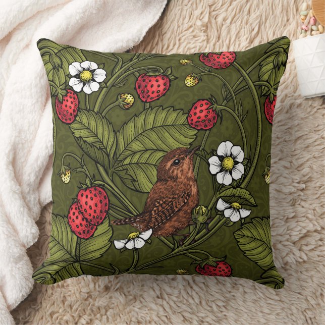 Gebärde und Erdbeeren auf dunkelgrün Kissen (Decke)