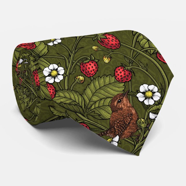 Gebärde und Erdbeeren auf dunkelgrün Krawatte (Gerollt)