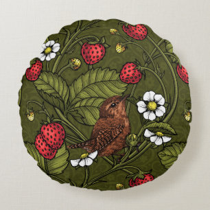 Gebärde und Erdbeeren auf dunkelgrün Rundes Kissen