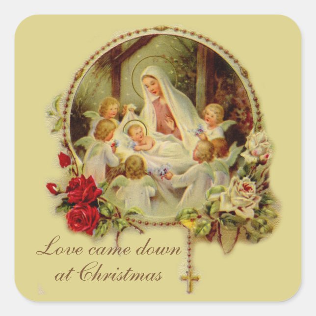 Gebärende Mutter Selig Baby Jesus Rosary Rose Quadratischer Aufkleber (Vorderseite)