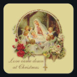 Gebärende Mutter Selig Baby Jesus Rosary Rose Sq Quadratischer Aufkleber<br><div class="desc">Schönes traditionelles katholisches Weihnachtsbild der gesegneten Jungfrau Mary bewundern das Baby Jesus in der Magier mit dem Rosenkranz und den Rote Rosen. Text und Schriftart können geändert werden.</div>