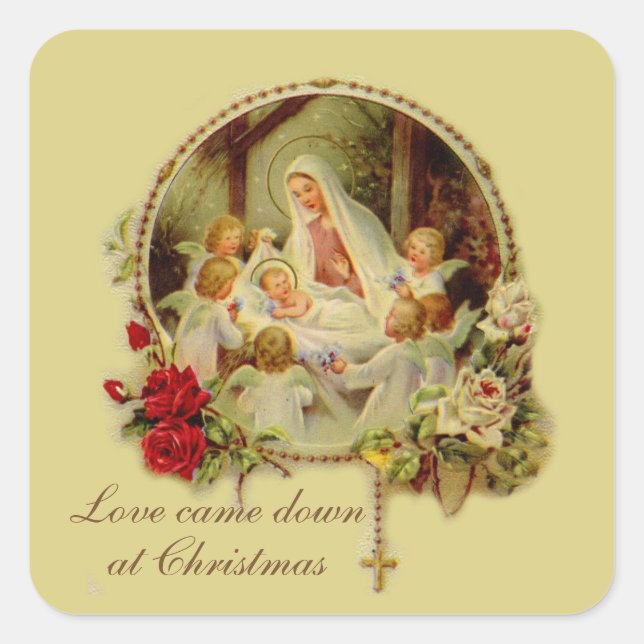 Gebärende Mutter Selig Baby Jesus Rosary Rose Sq Quadratischer Aufkleber (Vorderseite)