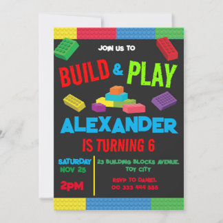 Gebäude Blocks Boy Birthday Toy Black Einladung
