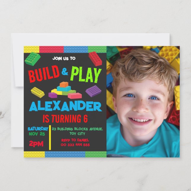 Gebäude Blocks Boy Birthday Toy Foto 6. 7. 8. Einladung (Vorderseite)