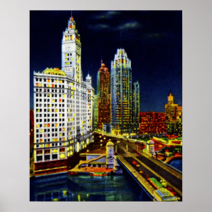 Gebäude Chicagos Illinois Wrigley bis zum Nacht Poster