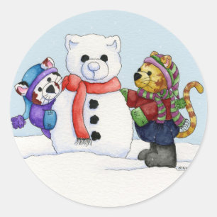 Gebäude ein Schnee-Katzen-Aufkleber Runder Aufkleber