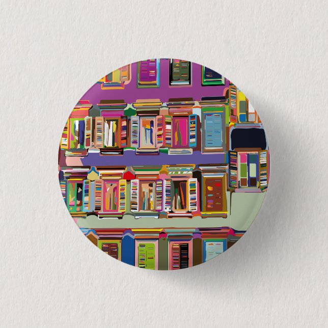 Gebäude-Fassade mit Multicolore-Fenstern Button (Vorderseite)