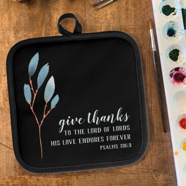 Geben Sie Dank Bibel Verse Blue Original Watercolo Topflappen (Give Thanks Bible Scripture Psalms accented by modern indigo blue hand painted watercolor custom.)