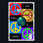 Geben Sie dem Pop eine Chance Poster<br><div class="desc">Mit diesem Give Peace a Chance Poster mit vier bunten Friedensschildern,  3D-Erde und einer Taube in lustigen und funky Farben im wahren Hippie-Stil lassen Sie sich treiben und den Weltfrieden fördern. Klicken Sie auf eines der Poster-Symbole unten,  um dieses Poster in größerem Format anzuzeigen.</div>