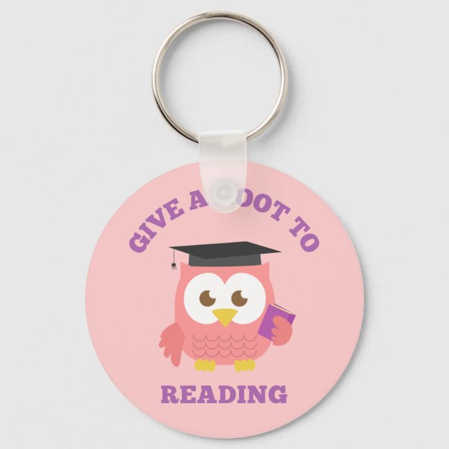 Geben Sie ein Hoot zum Lesen Niedlicher rosa Eule- Schlüsselanhänger (Vorderseite)