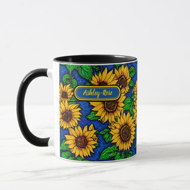 Geben Sie goldene Sonnenblumen und Blätter auf Dun Tasse (Links)