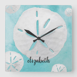 Geben Sie Ihren Namen Tropical Sand Dollar Turquoi Quadratische Wanduhr
