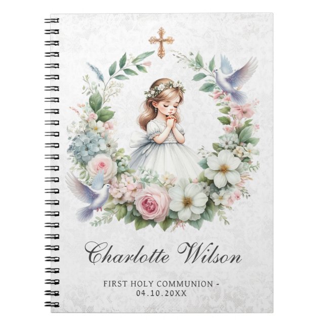 Gebet Girl White Doves Floral Erste Kommune Notizblock (Vorderseite)