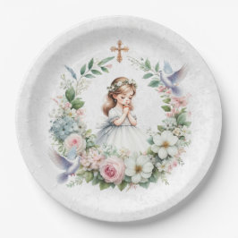Gebet Girl White Doves Floral Erste Kommune Pappteller