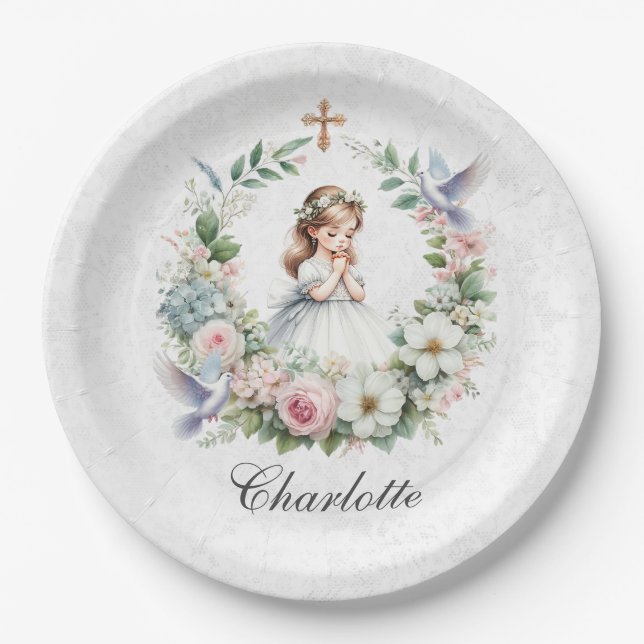 Gebet Girl White Doves Floral Erste Kommune Pappteller (Vorderseite)