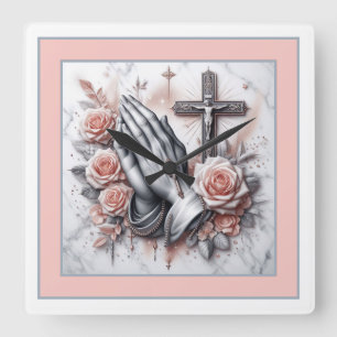 Gebet-Hände, Kruzifix und Rose Quadratische Wanduhr