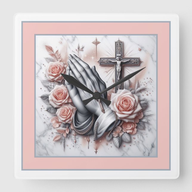 Gebet-Hände, Kruzifix und Rose Quadratische Wanduhr (Vorderseite)