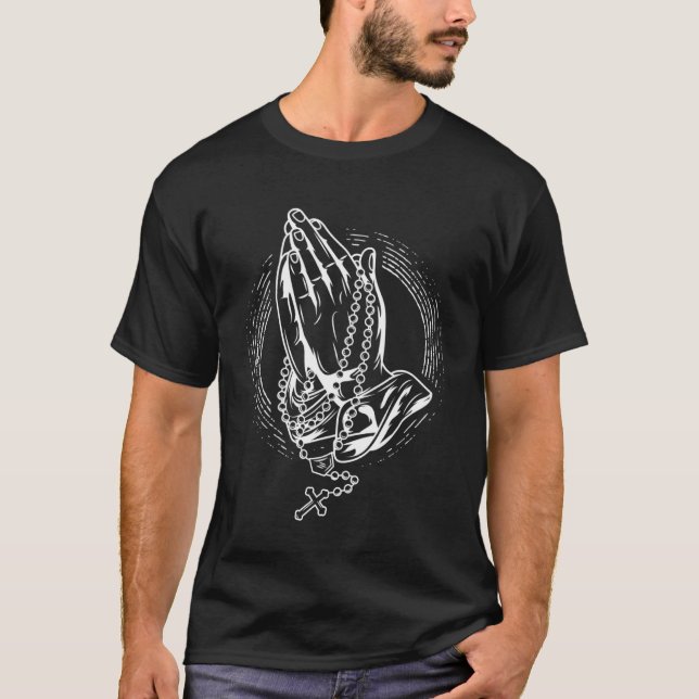 Gebet mit Rose und Rosenkranz T-Shirt (Vorderseite)