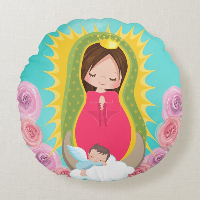 Gebet unsere Dame von Guadalupe-Katholischem Rundes Kissen (Vorderseite)