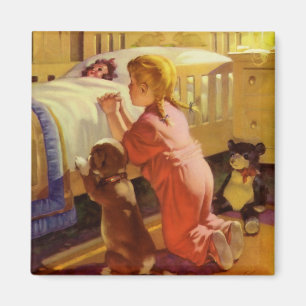 Gebete im Bett, Mädchen mit Welpe, Vintage Religio Magnet