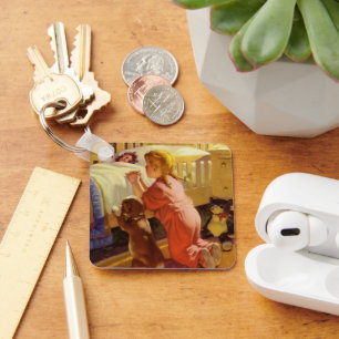 Gebete im Bett, Mädchen mit Welpe, Vintage Religio Schlüsselanhänger