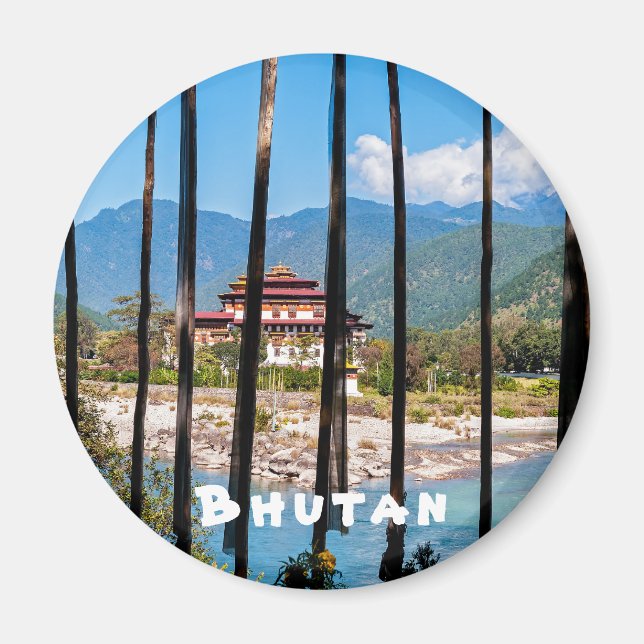 Gebetsfahnen und Punakha Dzong - Bhutan Magnet (Vorne)