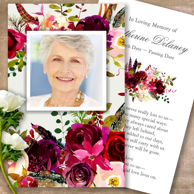 Gebetskarte | Floral Bordo Foto - Deluxe Visitenkarte (Forever in our hearts, celebration of life, in loving memory of, prayer cards for bereavement)