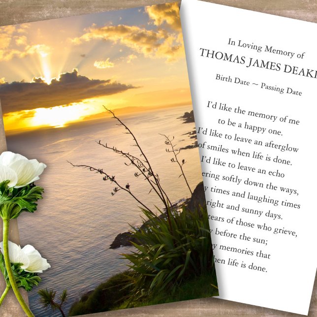 Gebetskarte für die Beerdigung Pazifischer Sonnena Visitenkarte (sunset, sunrise, beach, celebration of life, in loving memory of, prayer cards for bereavement)